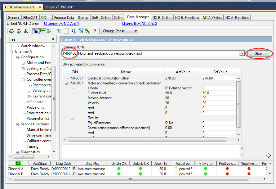 Checking the motor phases and the encoder counting direction 1: