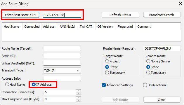 Set up ADS route 1: