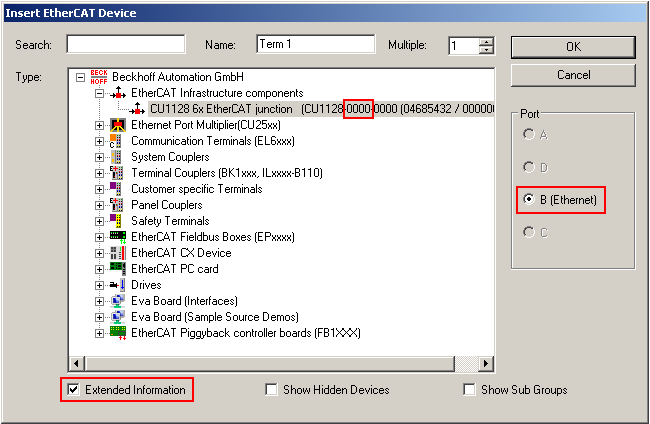 Configuration of the CU1128 in the TwinCAT System Manager 5:
