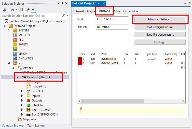 Configuration of two ports for EtherCAT cable redundancy 1: