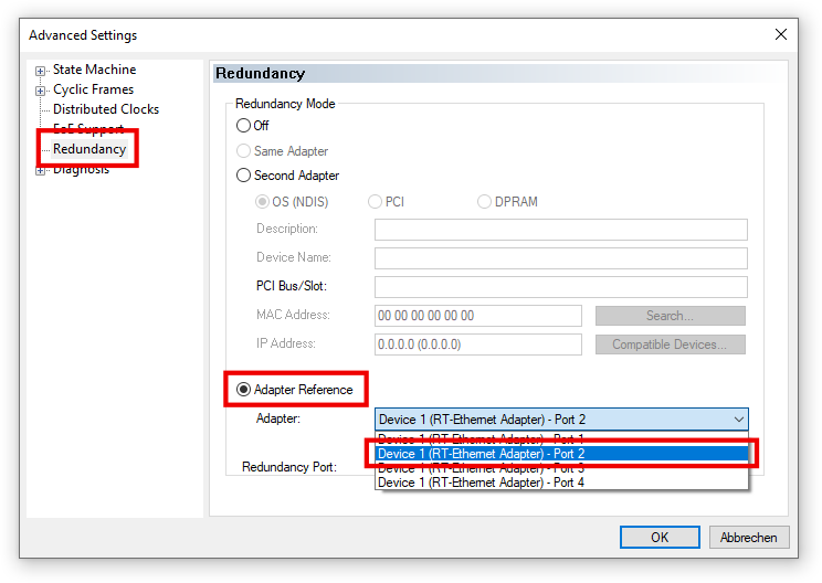 Configuration of two ports for EtherCAT cable redundancy 2: