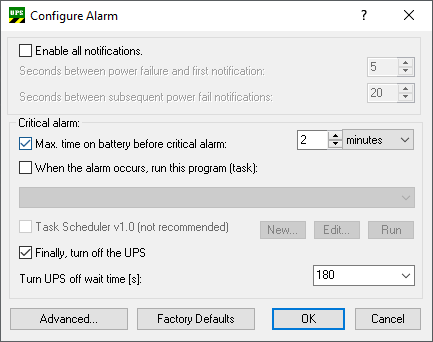 Alarm configuration dialog 1: