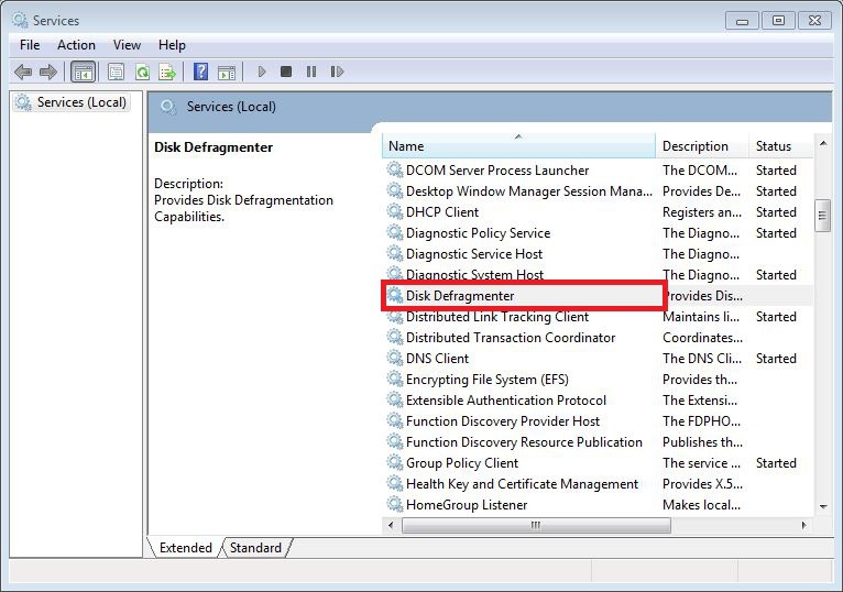 Deactivating the Disk Defragmenter service 1: