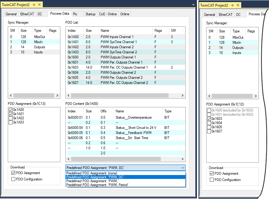 Process data assignment in the "PWM, DC" operation mode 1: