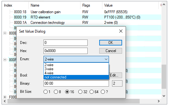 Connection method: CoE 0x08n0:1A "Connection Technology" 1: