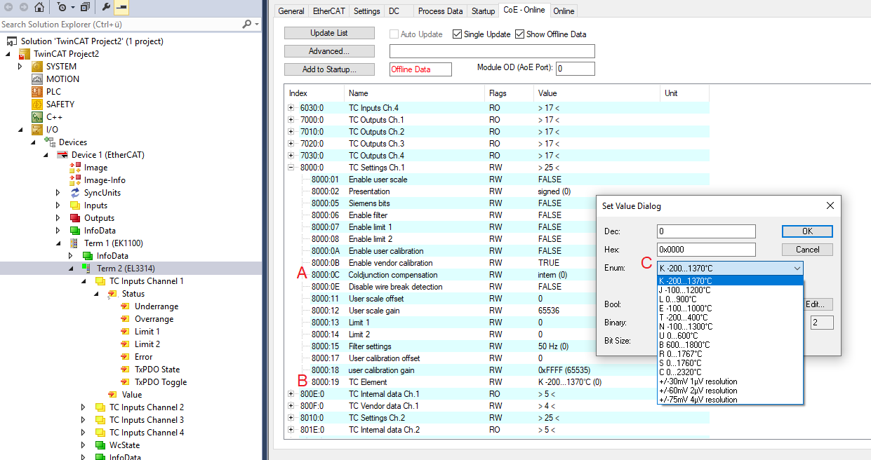 Commissioning of the temperature or voltage measurement 1: