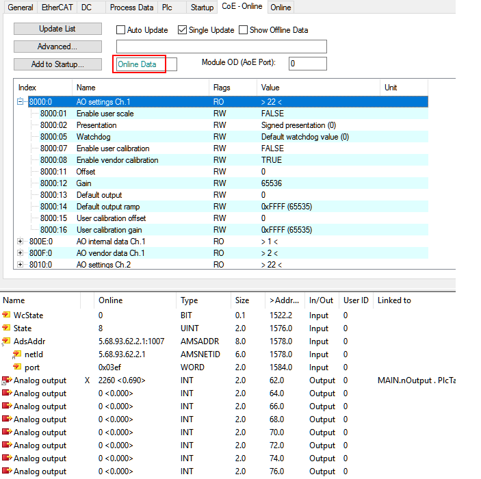 Changing the slave parameters in the CoE directory 1: