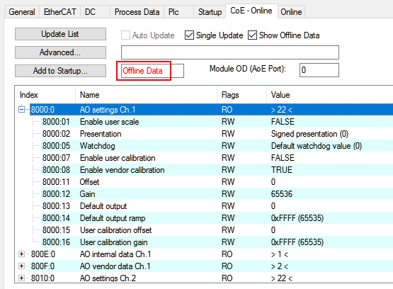 Changing the slave parameters in the CoE directory 2: