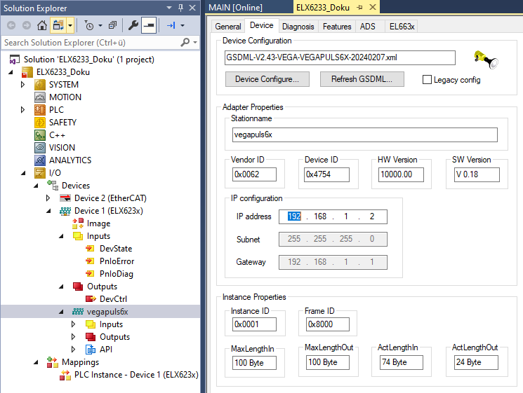 Project planning of the PROFINET device 1:
