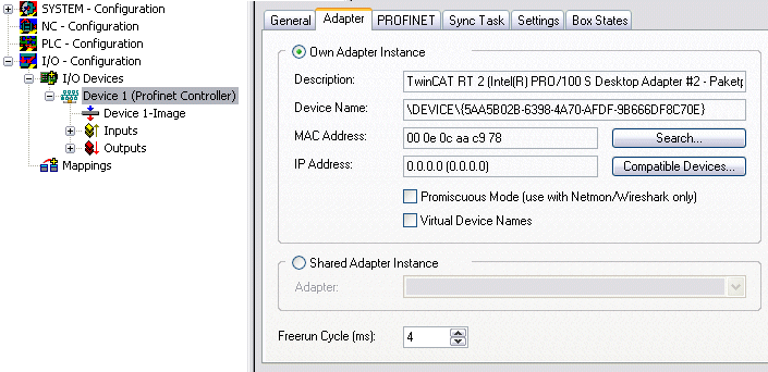 Integration of the TwinCAT PROFINET controller protocol via a RealTimeEthernet interface 1: