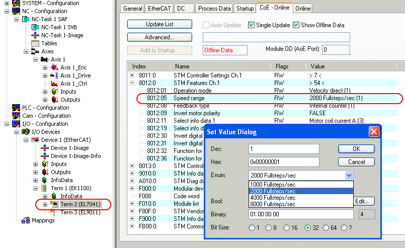 Settings in the CoE register 2: