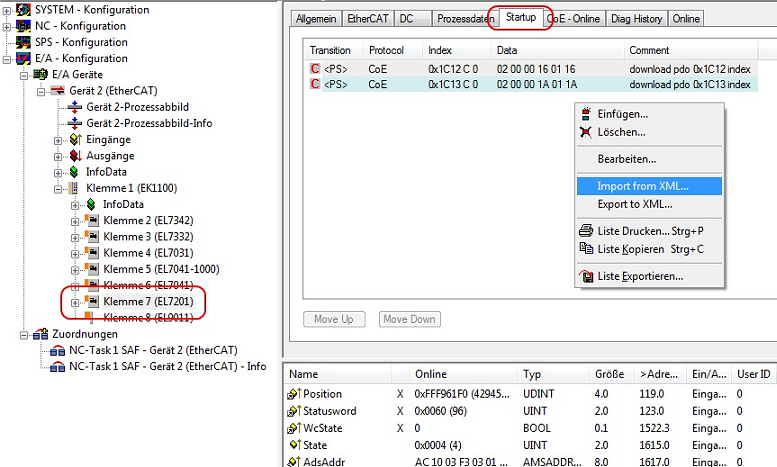 Settings in the CoE register 2: