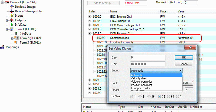 Selection of the operating mode 1: