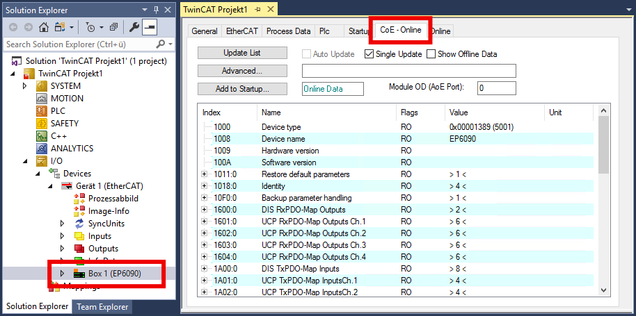 Open the parameter directory (CoE) 1: