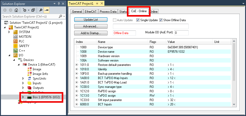 Open the parameter directory (CoE) 1: