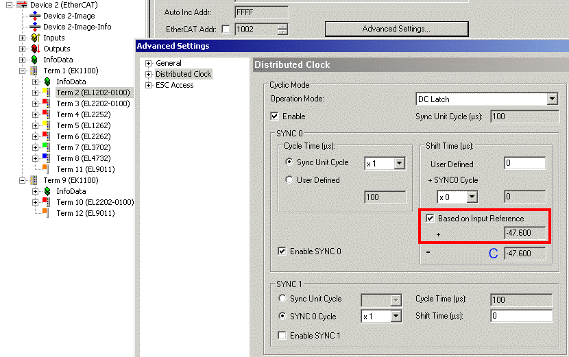 Distributed Clocks settings in the TwinCAT System Manager (2.11) 8: