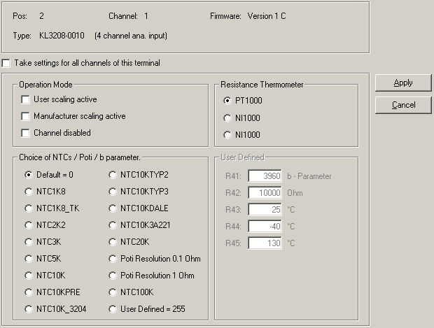 Settings for KL3208-0010 1: