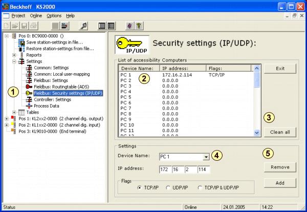 BC9000 Security settings (IP/UDP) 1: