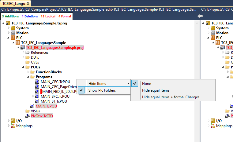 TwinCAT3 project comparison window 8: