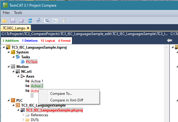 TwinCAT3 project comparison window 10: