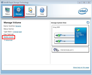 Deleting a RAID system with the Intel Manager 1: