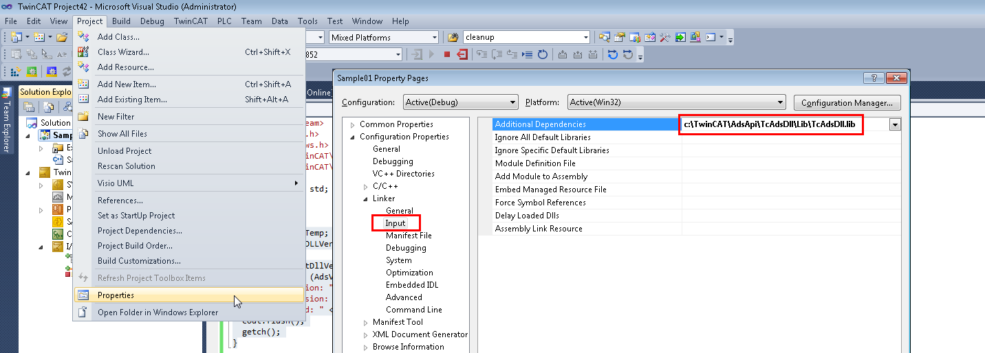 Linking C++ ADS library for TwinCAT 3 in Visual Studio 1: