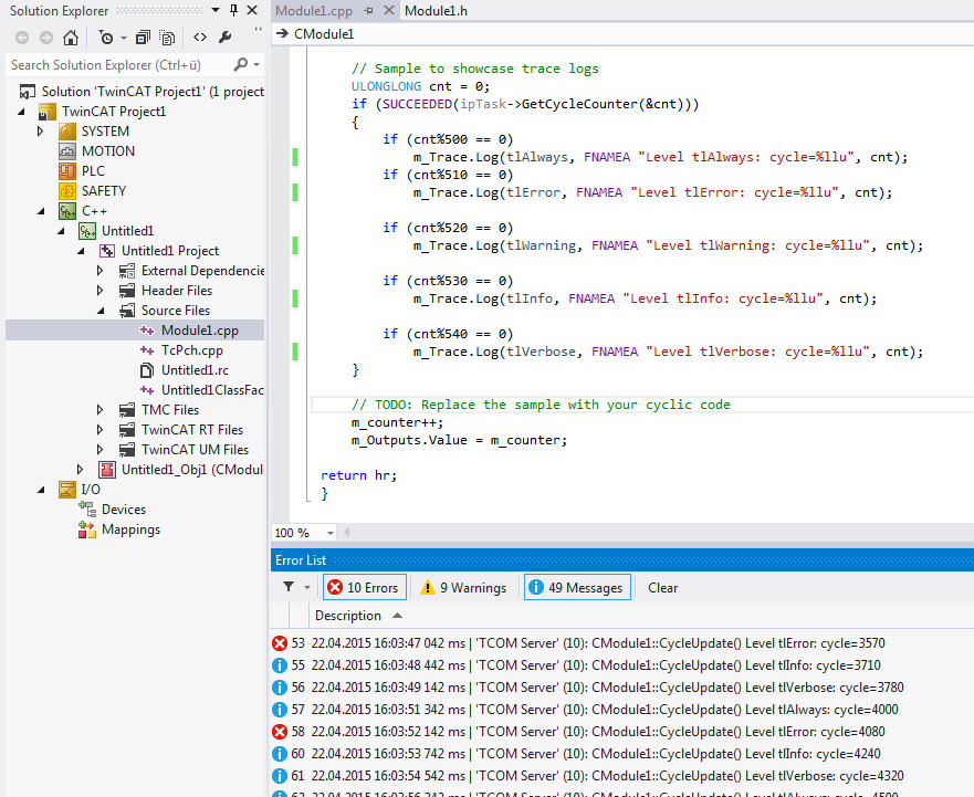 Module messages for the Engineering (logging / tracing) 1: