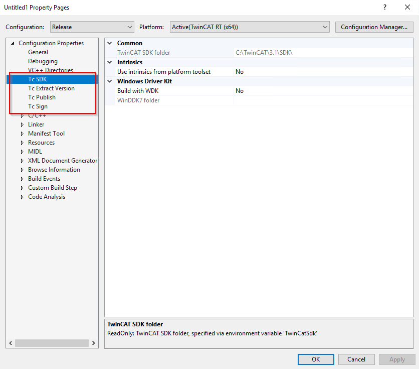 TwinCAT C++ Project properties 3: