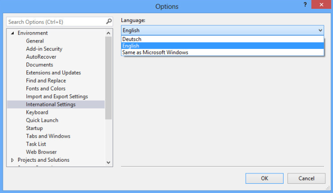 Changing the language of the TwinCAT development environment 2: