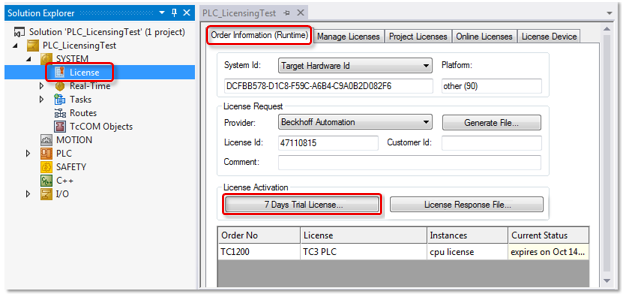 TwinCAT 3 test licenses 3: