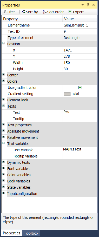 Properties window 1: