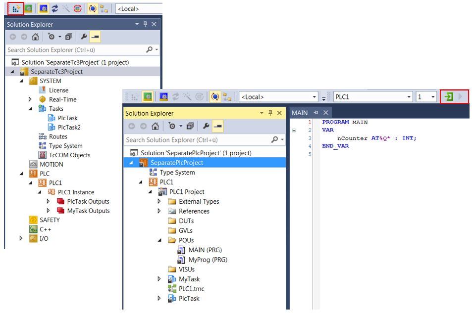 Loading program code, logging in and starting the PLC 1: