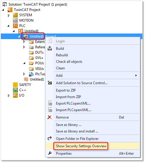 Displaying the overview of the software protection settings of the PLC project 1: