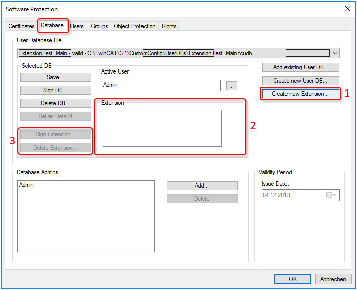 Associated elements in the Software Protection configuration console 1: