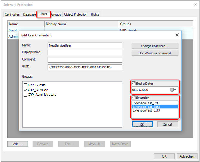 Associated elements in the Software Protection configuration console 2: