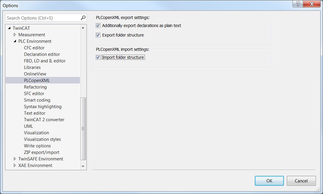 Dialog Options - PLCopenXML 1: