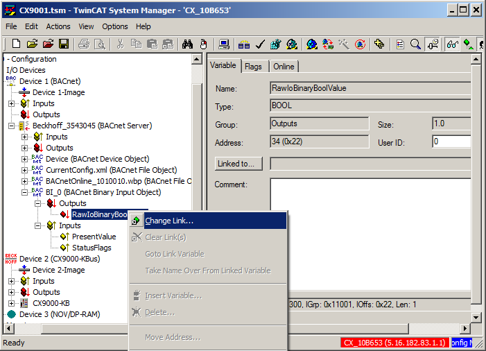 Example: Manual linking of hardware (terminal), BACnet BinaryInput and PLC program 8:
