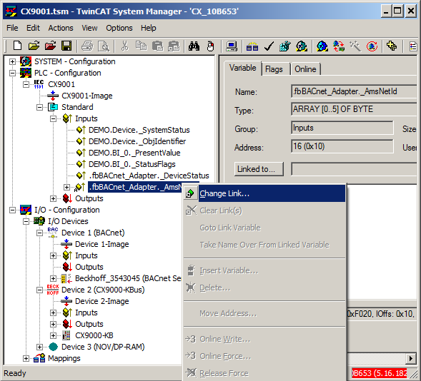 Example: Manual linking of hardware (terminal), BACnet BinaryInput and PLC program 12: