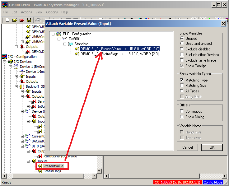 Example: Manual linking of hardware (terminal), BACnet BinaryInput and PLC program 15: