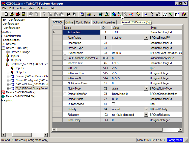 Example: Manual linking of hardware (terminal), BACnet BinaryInput and PLC program 16: