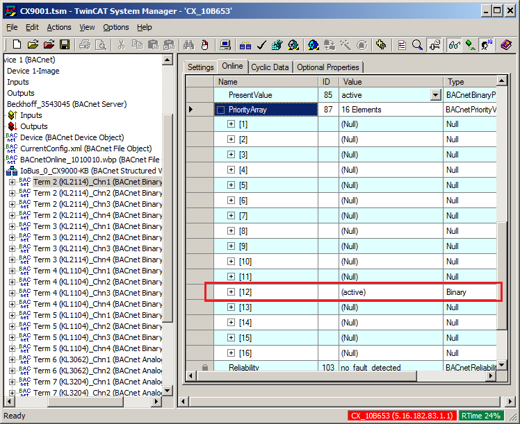 Example: Linking of BinaryInput and BinaryOutput objects in the PLC program 9:
