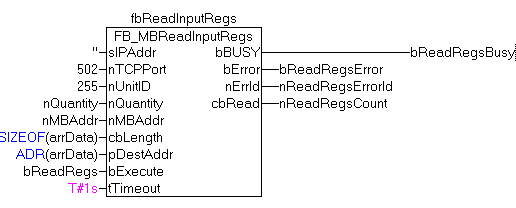 FB_MBReadInputRegs (Modbus function 4) 2: