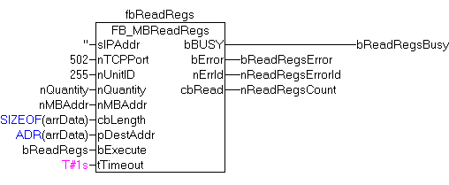 FB_MBReadRegs (Modbus function 3) 2: