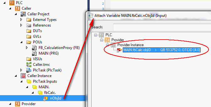 Creating an FB which likewise offers this functionality there as a simple proxy in the second PLC,  3: