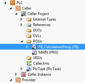 Creating an FB which likewise offers this functionality there as a simple proxy in the second PLC,  1:
