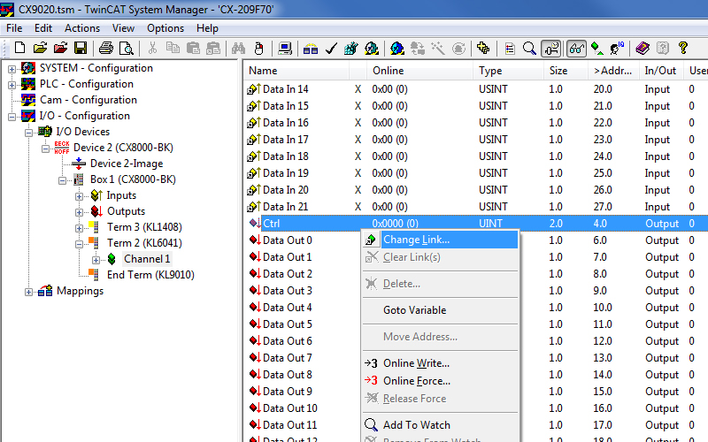 Linking the communication variables when using a KL6041 5: