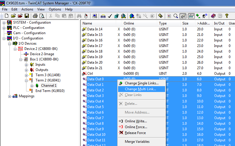 Linking the communication variables when using a KL6041 7: