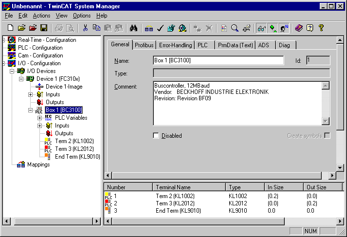 Merging the BC3100 in the TwinCAT System Manager 1: