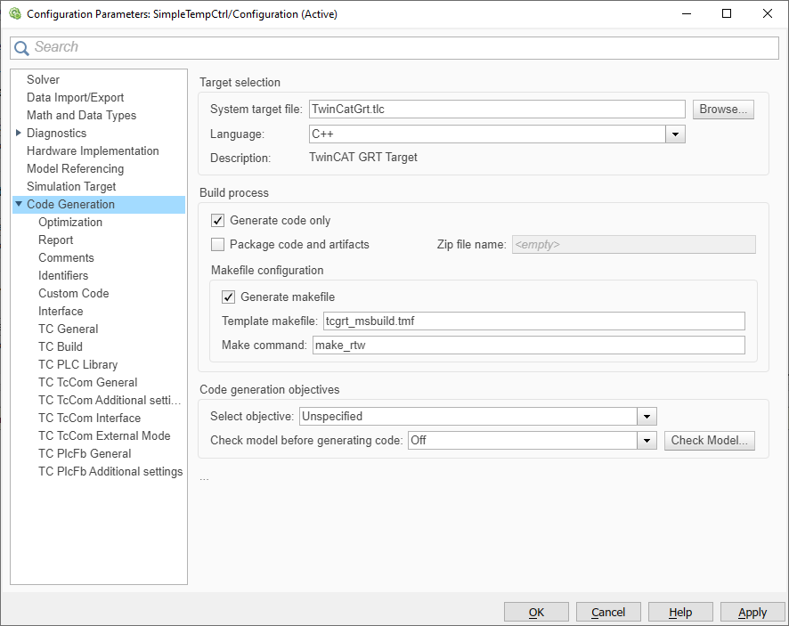 Parameterization of the code generation in Simulink® 1:
