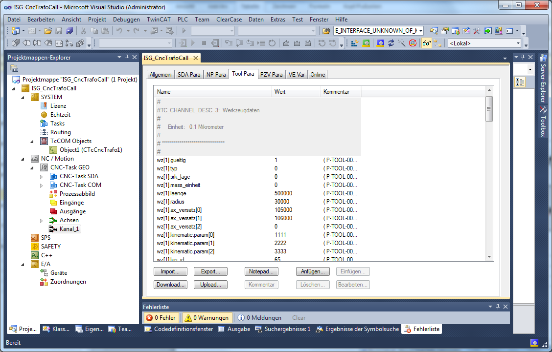 Transformation parameters of the tool 1: